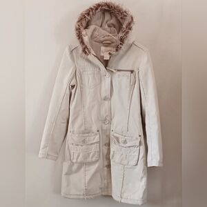 BILLABONG mid length jacket coat faux fur hood beige L front button zipper